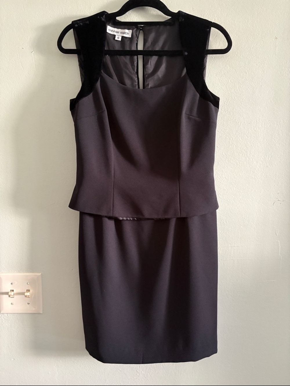 VintageHannah hardy Black Sleeveless Peplum Sheath Dress with Velvet Shoulders 6